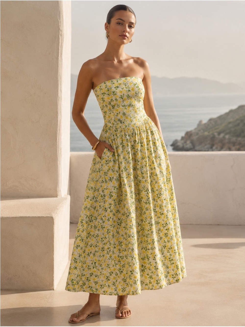 NWOT Yellow Floral Strapless Dress
